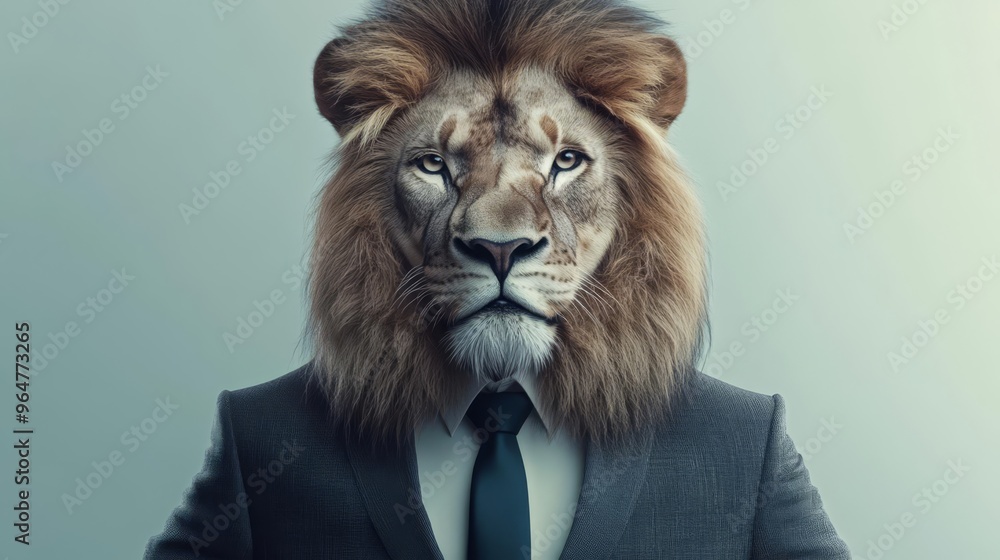 A creative composite image of a lion with a human body, dressed in a suit, representing power and professionalism in a business context. A creative composite image of a lion with a human body, dressed in a suit, representing power and professionalism in a business context.