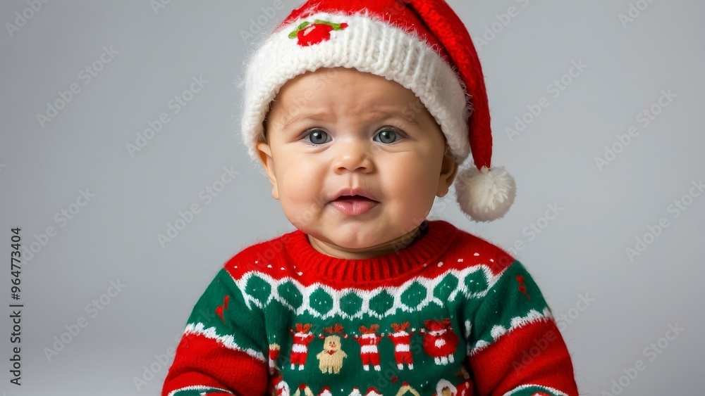 Cute Baby Wearing a Festive Christmas Sweater and Santa Hat in a Bright Setting