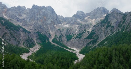 Aerial dolly out drone shot showing the rugged mountains of the Julian Alps at the upper half of the image and at the foot of the mountains a valley with a forest. Overcast summer day