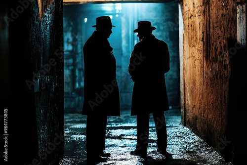 Whispers in the Dark: Two Figures Meet in a Gloomy Alleyway, Their Silhouettes a Mystery Against a Blue-Lit Background.