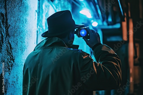 A Detective's Vigil: Hidden in the Shadows, He Observes, Camera Glowing in the Dark Alley.