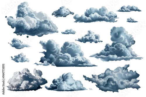 Set of cloud drawings in grayish tones of different shapes and sizes photo