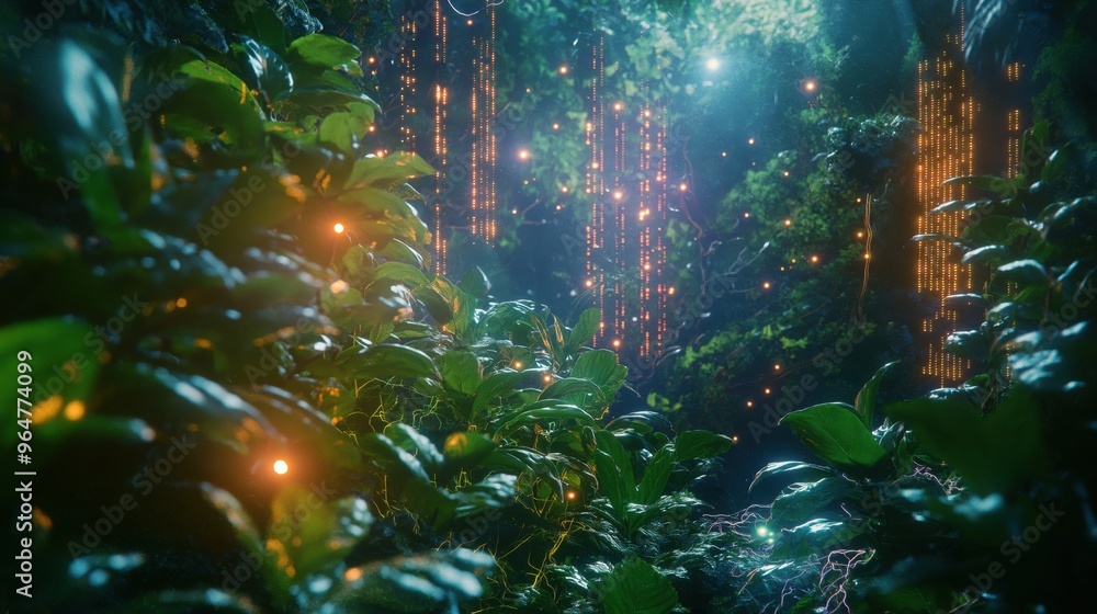 Fototapeta premium Lush Futuristic Garden with Glowing Digital Elements