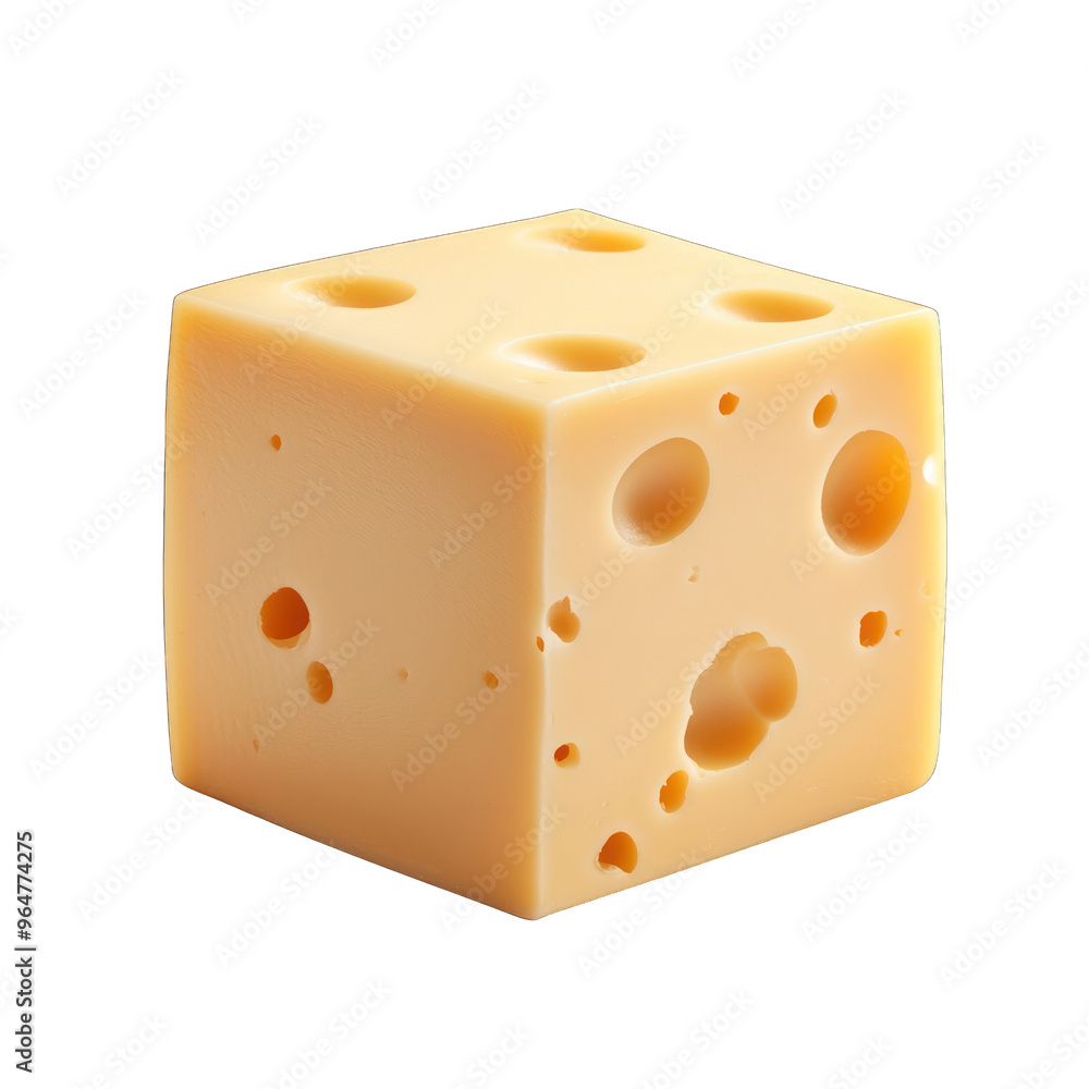 A realistic image of a cube of cheese with holes, showcasing its creamy texture and appetizing appearance. transparent background A realistic image of a cube of cheese with holes, showcasing its creamy texture and appetizing appearance. transparent background