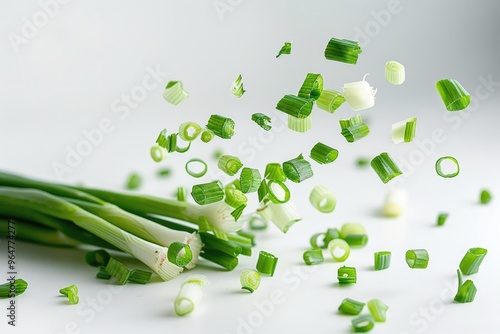 Fresh green onions arranged on a white background