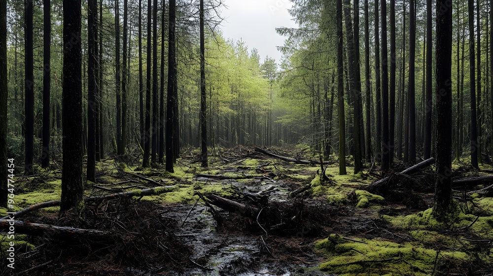 Obraz premium A misty forest path leads through tall trees, with fallen branches and mossy ground.