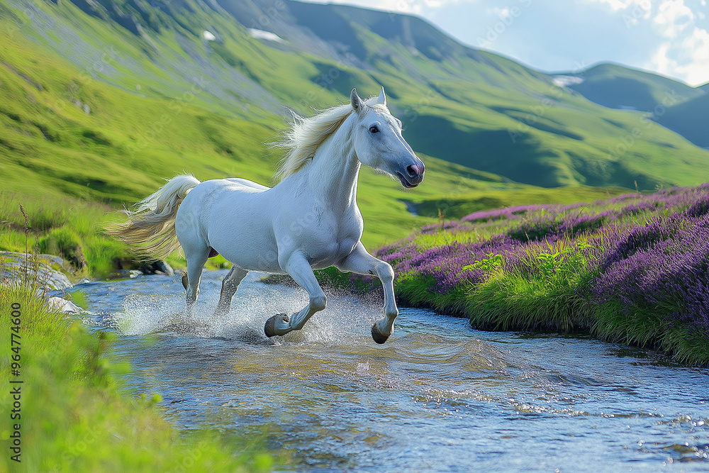 a beautiful white horse runs galloping across a river in a heather meadow on hills on mountains on a beautiful sunny day, wallpaper, generative AI a beautiful white horse runs galloping across a river in a heather meadow on hills on mountains on a beautiful sunny day, wallpaper, generative AI