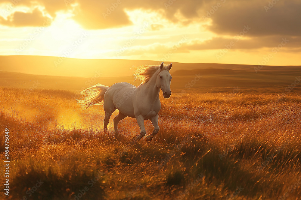 a beautiful white horse runs galloping across the meadow at sunset, wallpaper, genetative AI a beautiful white horse runs galloping across the meadow at sunset, wallpaper, genetative AI