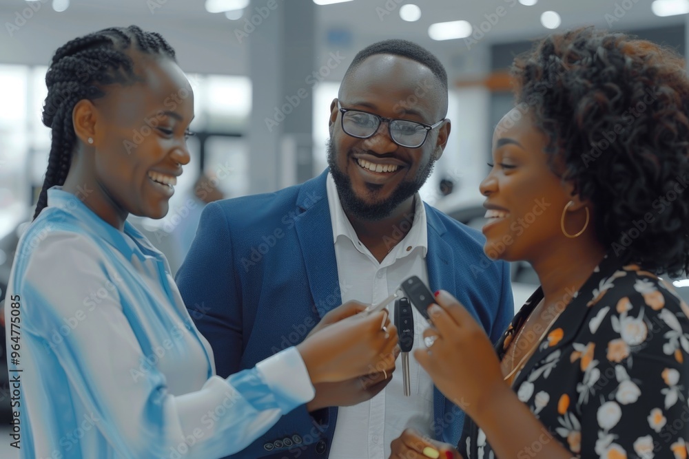 Obraz premium A group of three people examining a mobile device