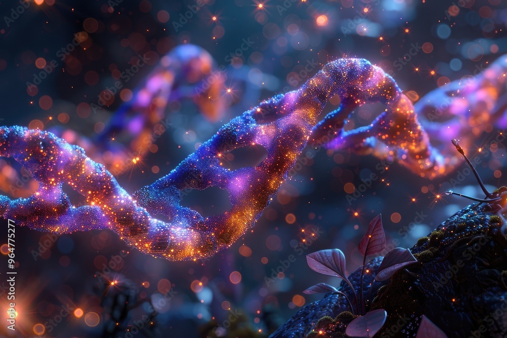Detailed double helix DNA strand, depicting the molecular structure and genetic makeup, suitable for biology, genetics, and medical research concepts Detailed double helix DNA strand, depicting the molecular structure and genetic makeup, suitable for biology, genetics, and medical research concepts