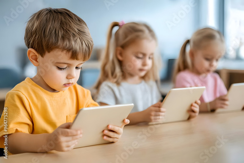 Children Using Tablets for Interactive Digital Learning | Modern Education and Technology in the Classroom