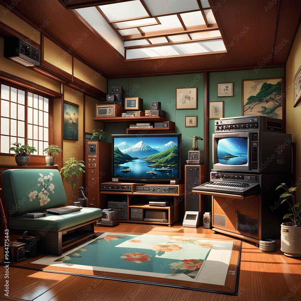 A nostalgic, retro-inspired Japanese living room featuring traditional decor elements, a television showing serene nature, and a warm, homely ambiance. A nostalgic, retro-inspired Japanese living room featuring traditional decor elements, a television showing serene nature, and a warm, homely ambiance.