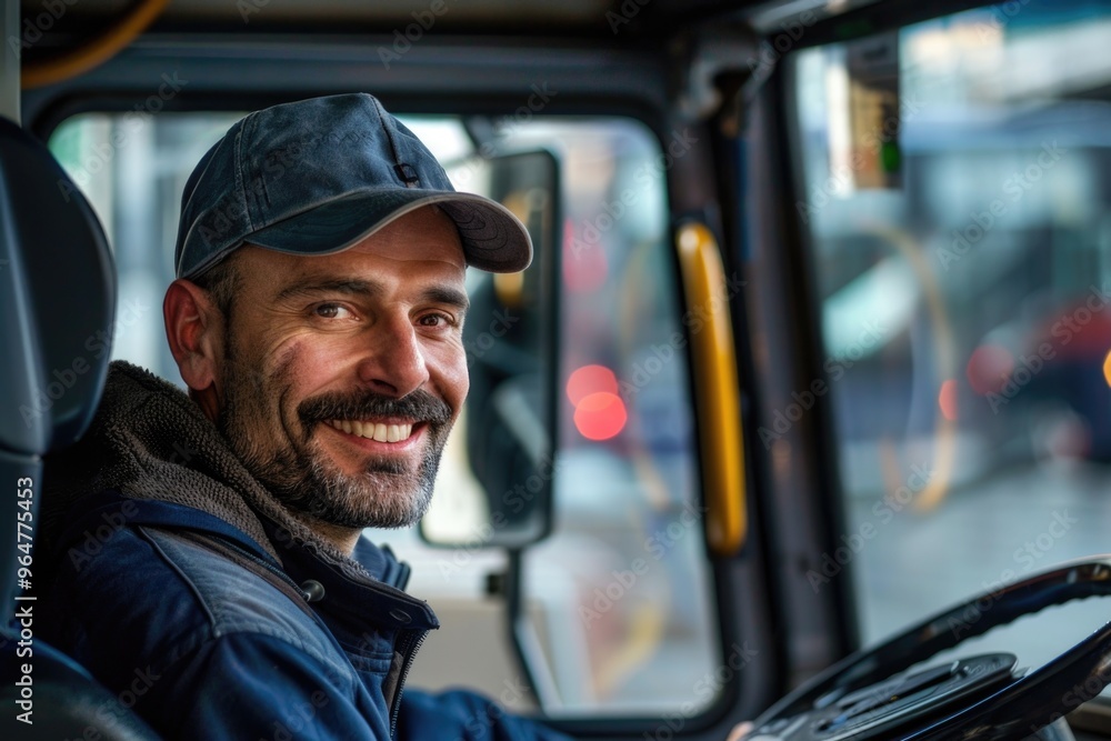 A person wearing a hat drives a bus on the road A person wearing a hat drives a bus on the road