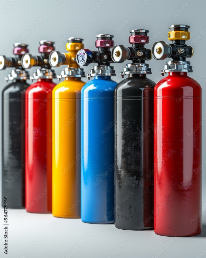 Lot of cylinders combined in gas ramp. Cylinders for compressed gas. Lot of cylinders combined in gas ramp. Cylinders for compressed gas.