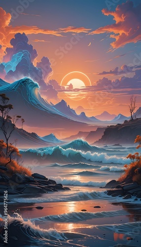 A breathtaking fantasy landscape illustration with dramatic waves crashing, a glowing sunset sky, towering clouds, and mystical mountains in the background.