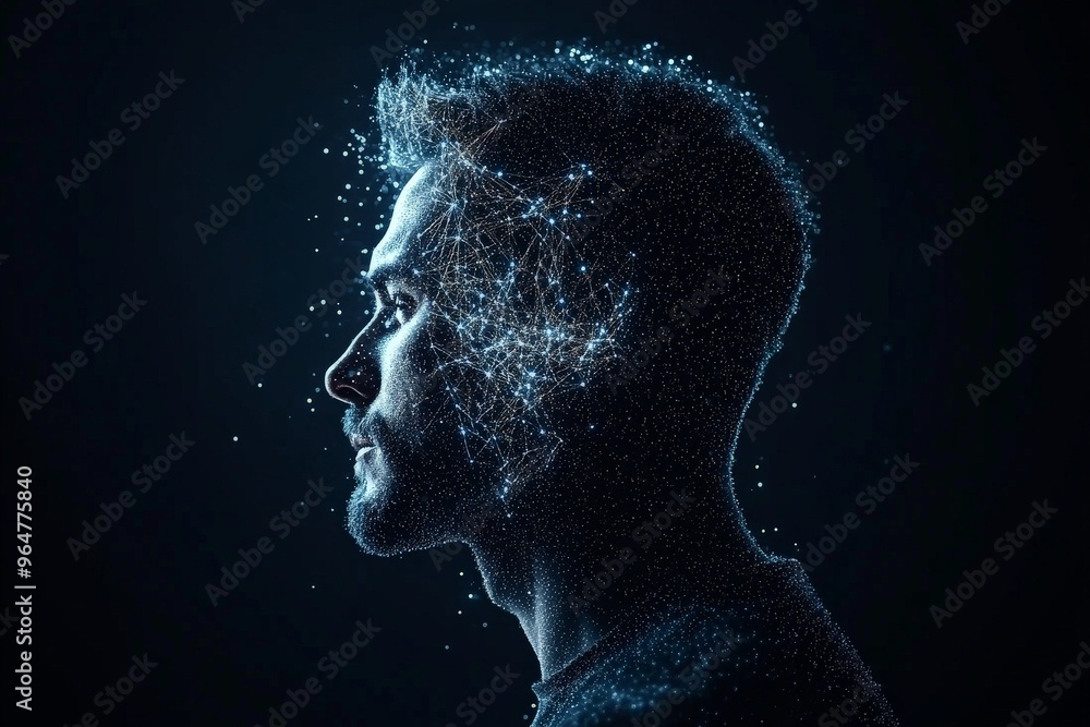 Side profile of a person with glowing particles and lines emanating from their head, symbolizing artificial intelligence, neural networks, and advanced technology. Side profile of a person with glowing particles and lines emanating from their head, symbolizing artificial intelligence, neural networks, and advanced technology.