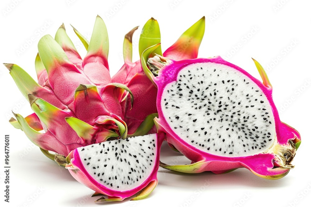 A close-up shot of a dragon fruit cut in half, showing its vibrant pink and green interior A close-up shot of a dragon fruit cut in half, showing its vibrant pink and green interior
