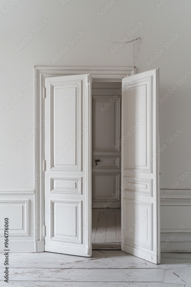 A single open white door in a bright and clean room, perfect for representing entryways or new beginnings A single open white door in a bright and clean room, perfect for representing entryways or new beginnings
