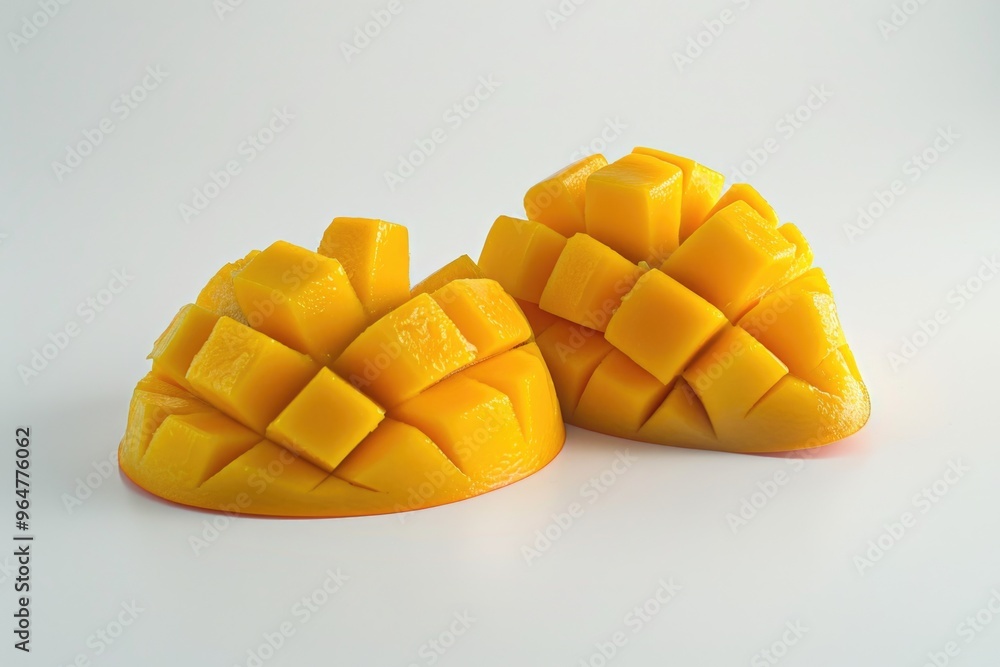 Close-up of two fresh mango slices on a white surface, perfect for food photography or recipes Close-up of two fresh mango slices on a white surface, perfect for food photography or recipes