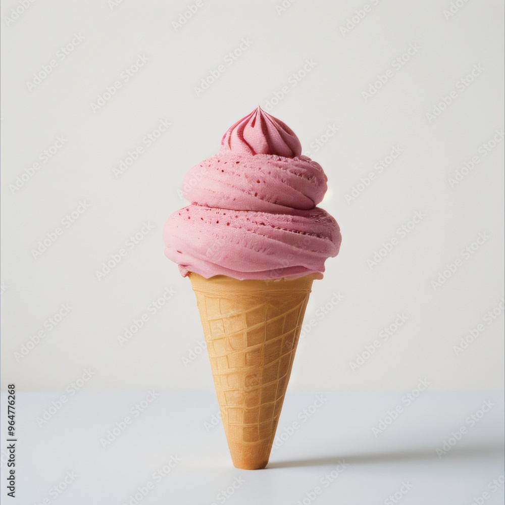 Pink soft serve ice cream in a cone on white background.. Pink soft serve ice cream in a cone on white background..