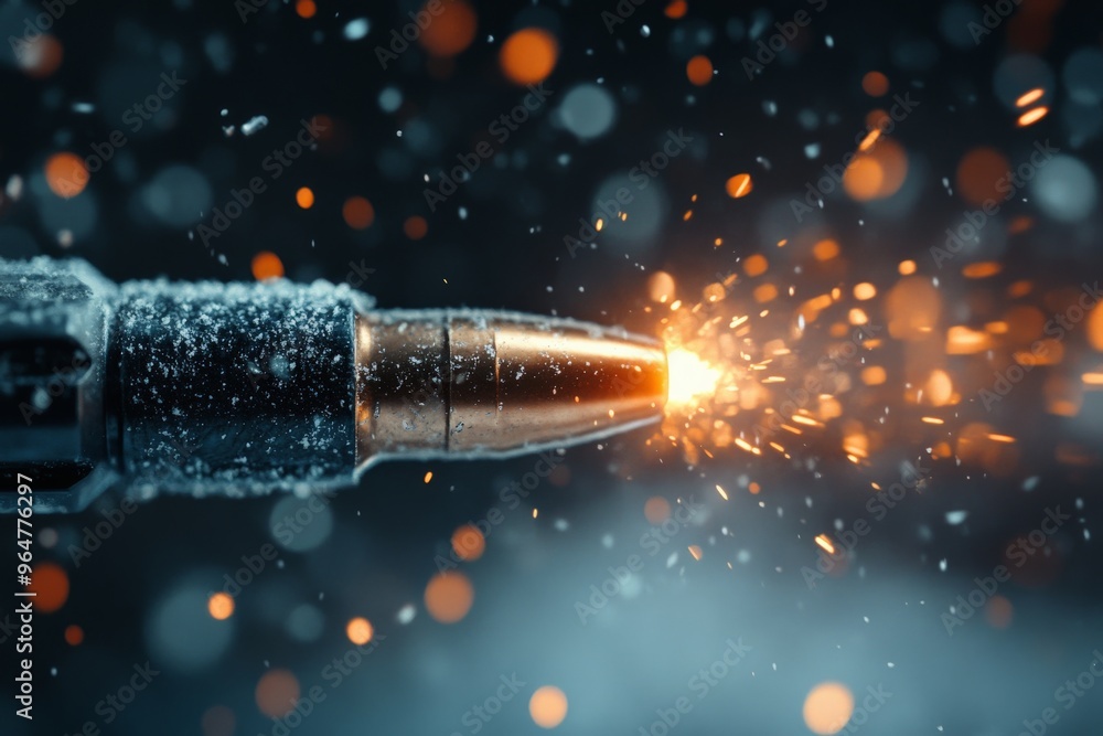 A close-up view captures a bullet being discharged from a firearm, with sparks flying around, highlighting the explosive power and speed of the projectile in motion. A close-up view captures a bullet being discharged from a firearm, with sparks flying around, highlighting the explosive power and speed of the projectile in motion.