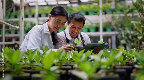 A couple viewing a tablet together in a greenhouse, surrounded by plants photo