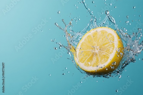 A vibrant image capturing a lemon splashing into water against a bright background, representing freshness, zest, and energetic vibes in a refreshing visual.