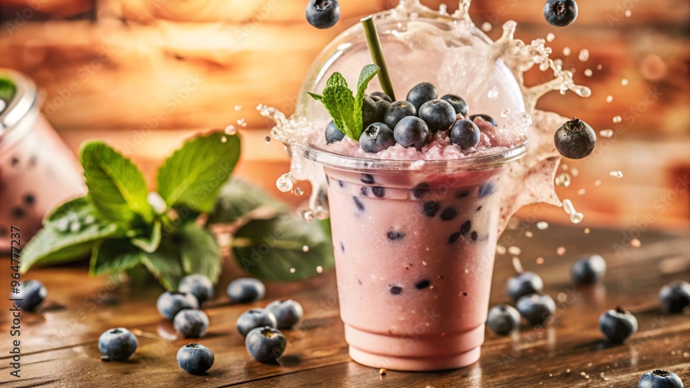 Product photo fresh burst blueberry milkshake cup take away with black ...
