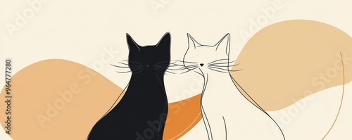 Minimalist illustration of two cats in front of abstract shapes photo