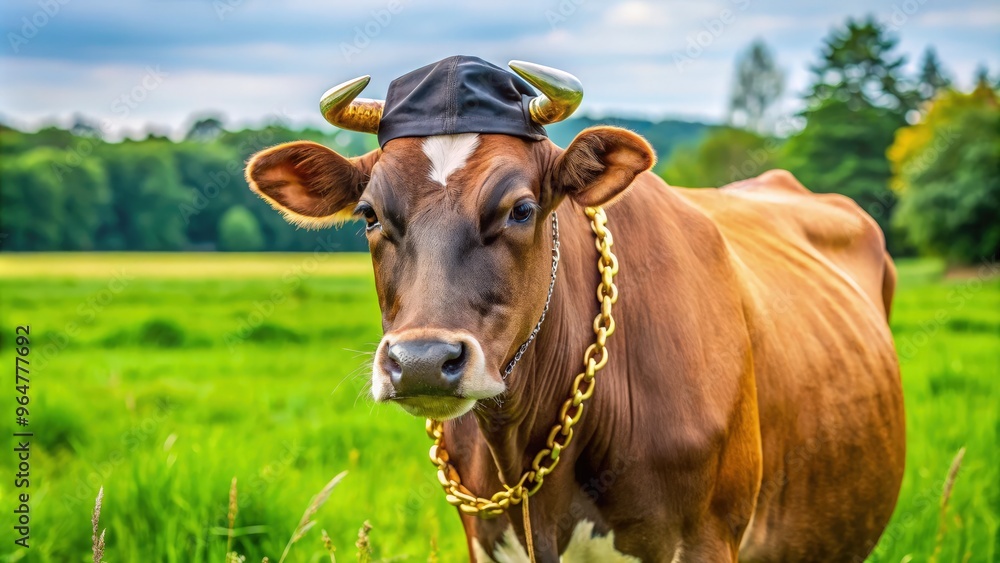 A fashionable cow grazing in a verdant field while wearing a cap and gold chain. Generative AI A fashionable cow grazing in a verdant field while wearing a cap and gold chain. Generative AI