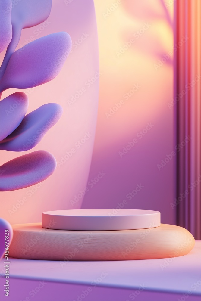 empty podium on purple gradient background with stylized leaves. minimalist display platform for presentation. empty podium on purple gradient background with stylized leaves. minimalist display platform for presentation.