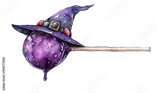 A whimsical purple lollipop with a wizard hat, perfect for magical themes and playful designs, isolate white background, watercolor style. photo