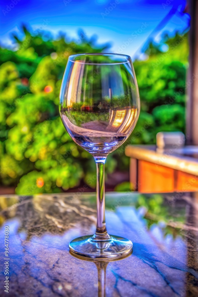 An empty wine glass resting on a marble countertop in a bright outdoor setting. Generative AI An empty wine glass resting on a marble countertop in a bright outdoor setting. Generative AI