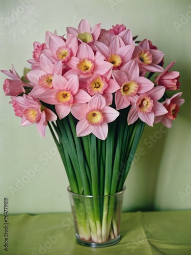 Bright pink daffodils arranged in a clear vase against a soft green background. Generative AI