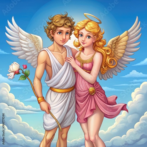 Cupid and Psyche share a tender moment among the clouds with a beautiful backdrop. Generative AI photo