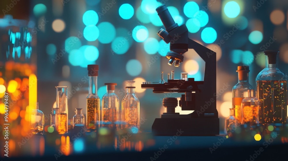 A detailed laboratory scene with a microscope and various glass bottles containing glowing liquids, set against a bokeh background of blue and orange lights.
A detailed laboratory scene with a microscope and various glass bottles containing glowing liquids, set against a bokeh background of blue and orange lights.