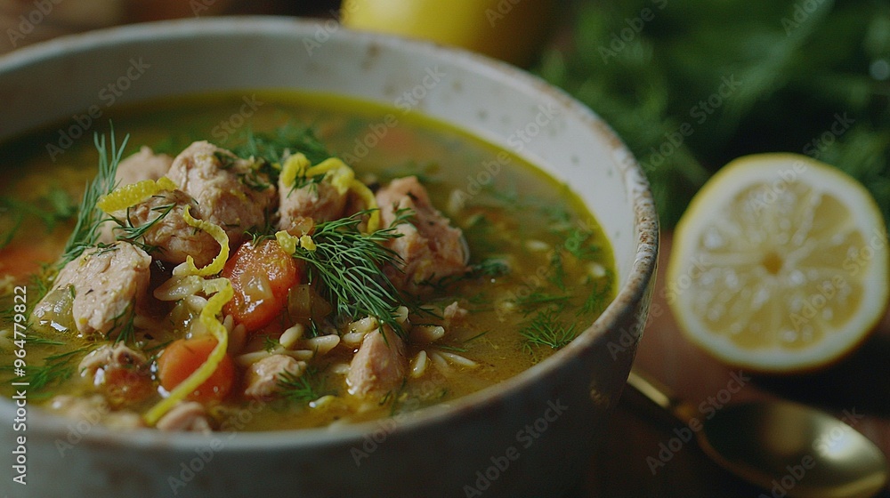 A photo of a close-up bowl of soup with meat, carrots, and leons next to a lemon A photo of a close-up bowl of soup with meat, carrots, and leons next to a lemon