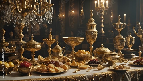 An opulent banquet table set with golden dinnerware and various fruits is lavishly displayed in an elegant setting with chandeliers, epitomizing extravagance and luxury.