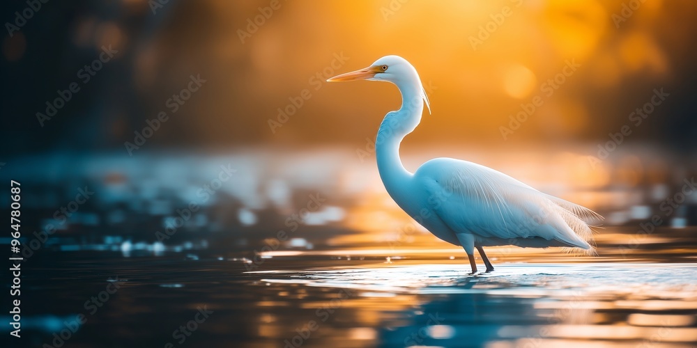 Fototapeta premium A graceful white heron wading in calm waters illuminated by the warm glow of a beautiful sunset.