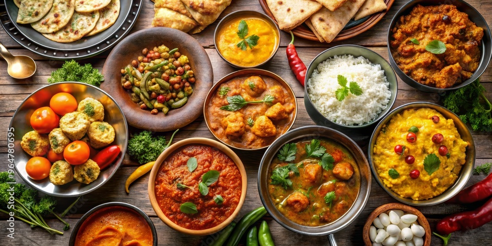 Aromatic Indian Feast Curries, Rice, and Bread on Rustic Wooden Table, Indian Food, Curry, Dinner ,Indian Cuisine Aromatic Indian Feast Curries, Rice, and Bread on Rustic Wooden Table, Indian Food, Curry, Dinner ,Indian Cuisine