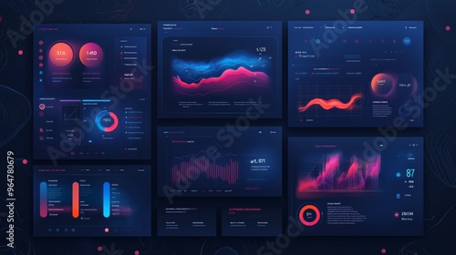 modern user interface dashboard templates examples with dark theme and neon elements. data visualization concept.
