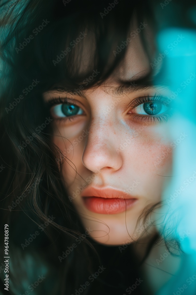 A close-up portrait of a woman with intense blue eyes, capturing her striking gaze and delicate features. A close-up portrait of a woman with intense blue eyes, capturing her striking gaze and delicate features.