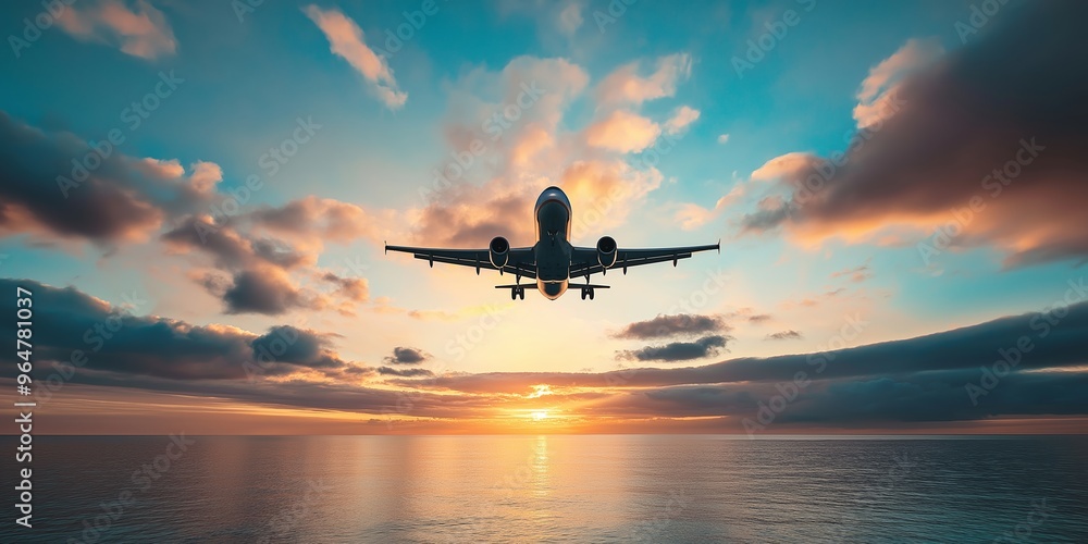 An airplane is flying towards a beautiful and colorful sunset over the ocean with clouds in the sky. An airplane is flying towards a beautiful and colorful sunset over the ocean with clouds in the sky.