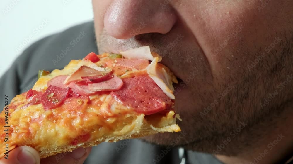 A close-up video showing a man taking a bite of a pizza slice, highlighting the texture of the pizza and the man's mouth as he eats A close-up video showing a man taking a bite of a pizza slice, highlighting the texture of the pizza and the man's mouth as he eats