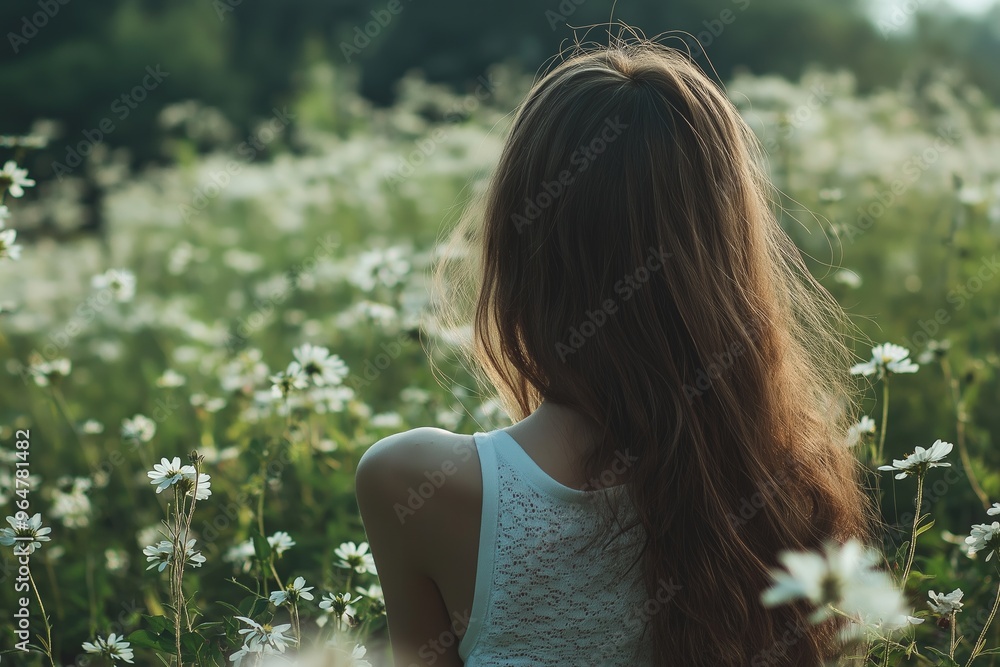 A young woman with long hair admires the serene beauty in a field of white flowers on a tranquil day. A young woman with long hair admires the serene beauty in a field of white flowers on a tranquil day.