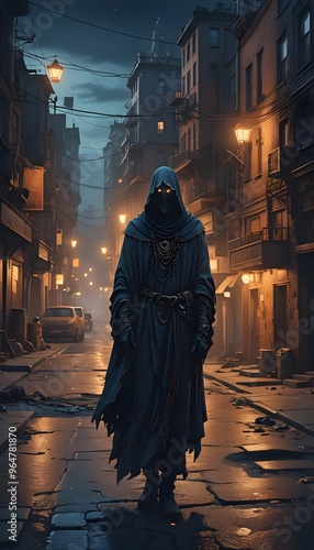 A haunting image of a hooded figure standing in a dimly lit, eerie urban alleyway, creating an atmosphere of mystery and suspense with historical architecture.