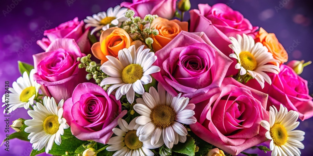 Close-up Bouquet of Pink Roses and Daisies on a Purple Background, floral, bouquet, flowers Close-up Bouquet of Pink Roses and Daisies on a Purple Background, floral, bouquet, flowers