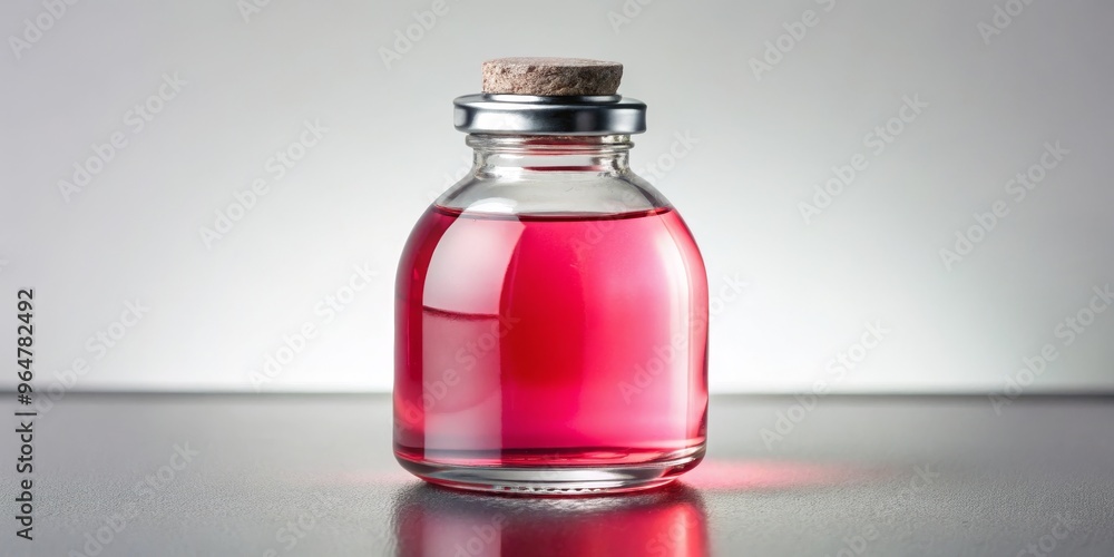 Close-up of a Glass Bottle Filled with a Vibrant Pink Liquid, cork stopper, on a Grey Reflective Surface, Potion, Bottle, Liquid Close-up of a Glass Bottle Filled with a Vibrant Pink Liquid, cork stopper, on a Grey Reflective Surface, Potion, Bottle, Liquid