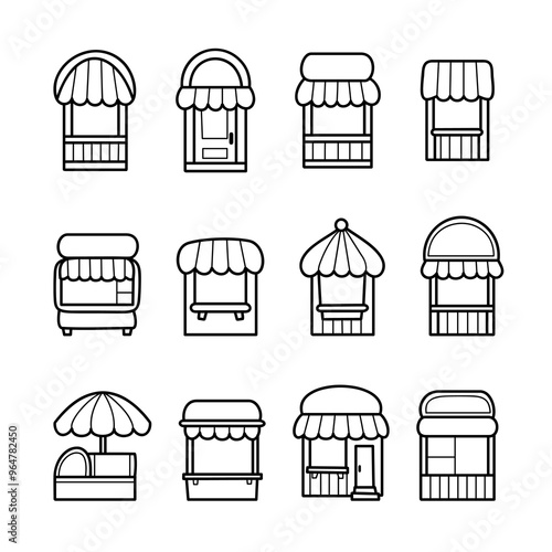 Set of market stall and shopfront illustration, black and white minimalistic line art, simple shapes and design elements.