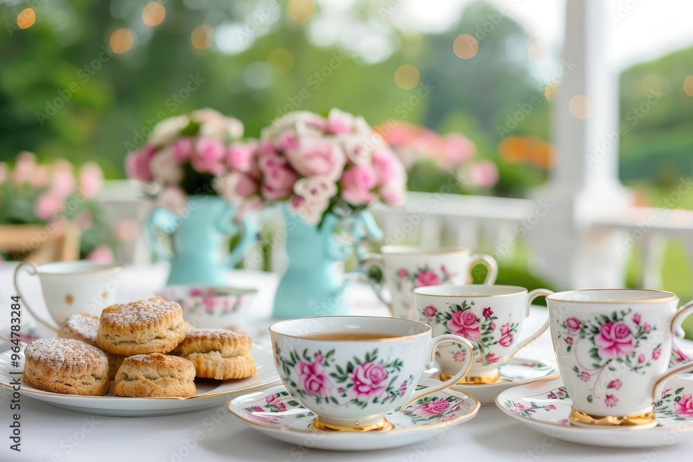 An elegant tea party graduation celebration at home, with vintage teacups, scones, and a garden view, sophisticated and charming An elegant tea party graduation celebration at home, with vintage teacups, scones, and a garden view, sophisticated and charming